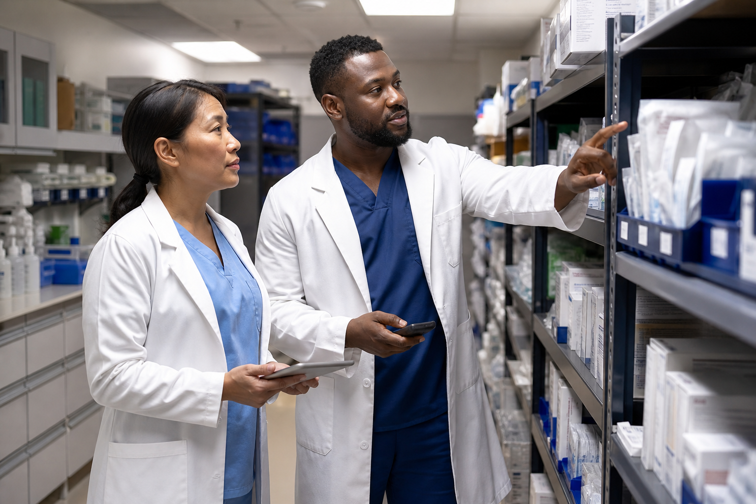 Medical Workers Analyzing Stock Room with Tablet and Pointer