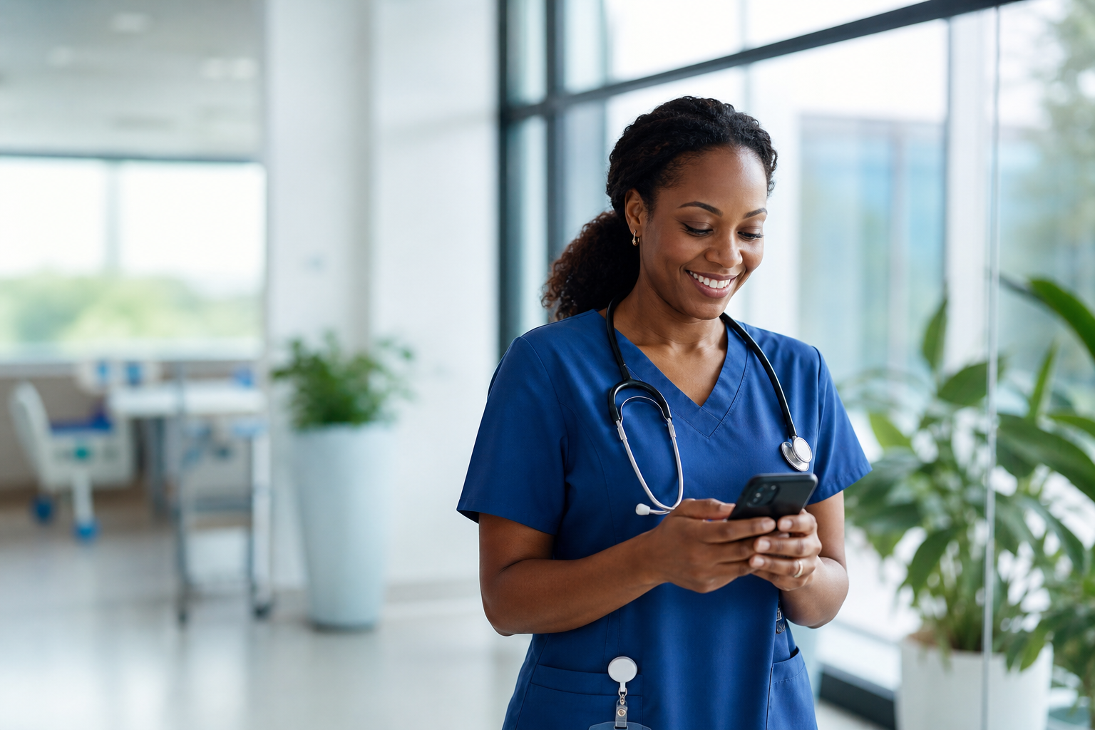 Healthcare Worker Smiling at Phone Screen