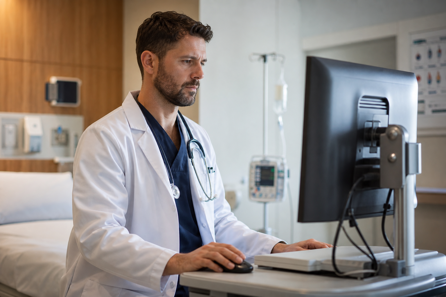 Male Doctor Reviewing Medical Computer